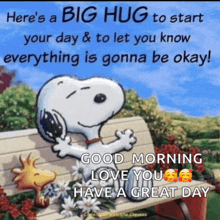 a picture of snoopy and woodstock sitting on a bench with a good morning message written on it