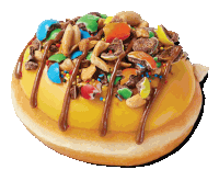 a donut with nuts and m & ms on top