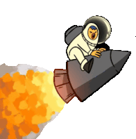 a cartoon of an astronaut sitting on a rocket with flames coming out of it