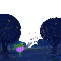 a frog with a purple scarf around its neck is standing in a forest at night