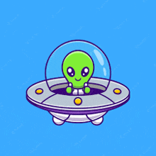 a green alien is sitting in a flying saucer on a blue background