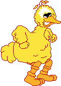 a pixel art of big bird from sesame street standing on its hind legs