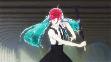 a girl with red hair and turquoise hair is holding a sword