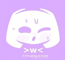 a white discord logo with a purple background and the words `` i 'm going to burst '' written on it .