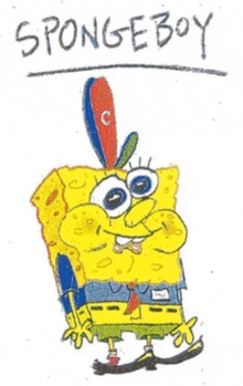 a child 's drawing of spongebob wearing a baseball cap and tie .