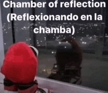 a person in a red hat looking out a window with the words " chamber of reflection " written above them