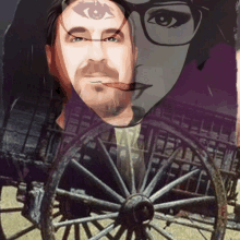 a drawing of a man and a woman with a wagon wheel behind them