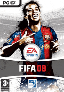 a poster for fifa 08 shows a soccer player wearing a barcelona jersey