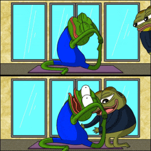 a cartoon of two frogs doing yoga in front of windows