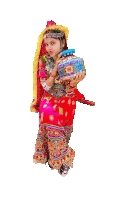 a little girl in a colorful dress is holding a pot in her hands