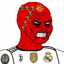 a cartoon of a man with manchester united and juventus logos on his face