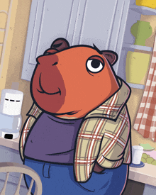 a cartoon of a bear wearing a plaid shirt and blue jeans