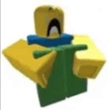 a yellow and green roblox character is holding a book in his hand .