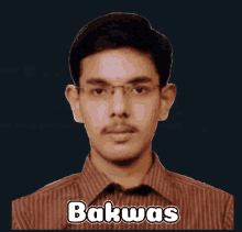 a man wearing glasses and a shirt with the name bakuwas on it