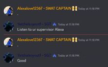 a screenshot of a chat between alexalove12377 and swat captain