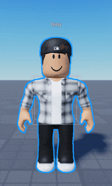 a roblox character named tony is wearing a plaid shirt and a black hat