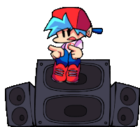 a cartoon character is standing on top of a speaker and pointing at something .