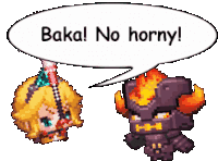 a pixel art of a girl and a monster with a speech bubble that says baka no horny !