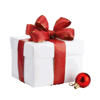 a white gift box with a red ribbon and bow next to a red christmas ball