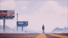 a blurry picture of a man walking down a road with a billboard in the background that says ' motel '