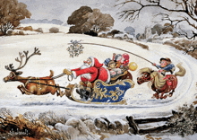 a painting of santa claus in a sleigh being pulled by two horses