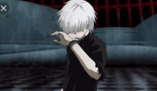 a person with white hair is covering their face with their hand with a cross in the background