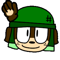 a cartoon character wearing a green helmet with a hashtag on it