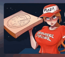 a woman wearing a red shirt that says deliver pizza is holding a pizza box