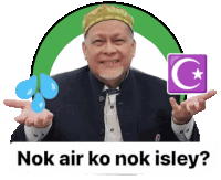 a man holding a sign with a crescent moon and the words " nok air ko nok isley " below him