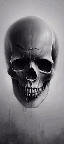 a black and white drawing of a skull with a smile on it