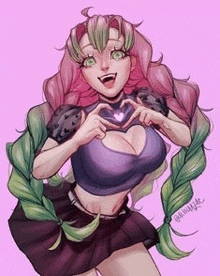 a drawing of a girl with long hair making a heart shape with her hands .