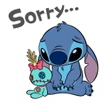 stitch is sitting next to a stuffed animal that says `` sorry '' .