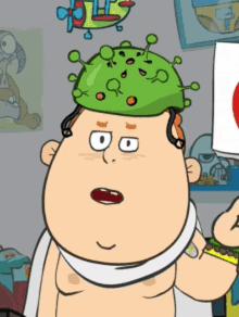 a cartoon character is wearing a green helmet and holding a sign