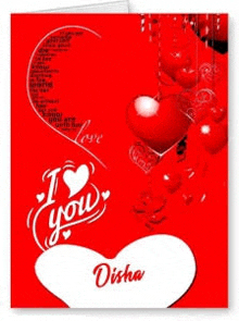 a red greeting card with red hearts and the name disha