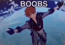 a cartoon character is standing in the snow with his arms outstretched and the words `` boobs '' written on the bottom .