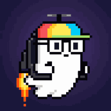 a pixel art of a ghost wearing headphones and a colorful hat with the letter o on it