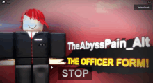 a screenshot of a roblox game titled the abyss pain alt the officer form stop