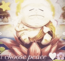 a cartoon of a buddha sitting on a lotus flower with the words i choose peace above him