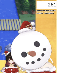 a snowman wearing a santa hat is next to a girl in a christmas outfit