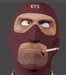 a man wearing a mask with the word kys on his head