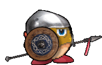 a cartoon character holding a spear and shield with a helmet on his head