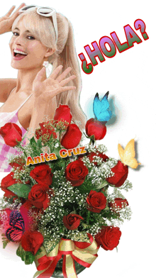 a woman is holding a bouquet of red roses with the words " hola " above her