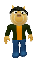 a cartoon pig wearing glasses and a green sweater