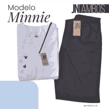 a white shirt and black pants with a label that says modelo minnie on it