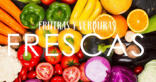 a bunch of fruits and vegetables with the words frutras y verduras frescas written above them