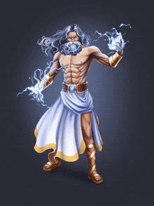 a drawing of a man with a beard and long hair holding a lightning bolt