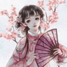 a girl is holding a fan in front of a cherry blossom tree .