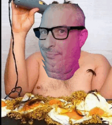 a shirtless man with glasses is holding a hot glue gun over a pile of noodles