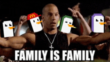 a man in a black tank top is surrounded by pixelated penguins and says family is family