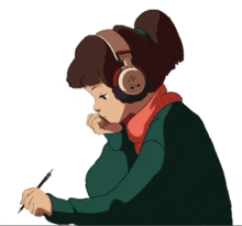 a girl wearing headphones and a scarf has a pen in her hand